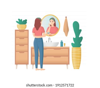 Cartoon Color Character Person Woman and Daily Skin Care Concept Flat Design Style. Vector illustration of Girl in Front Mirror