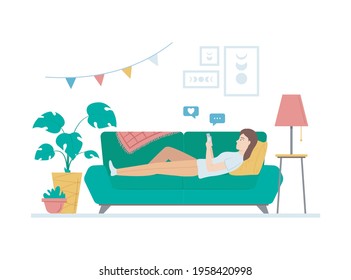 Cartoon Color Character Person Woman on Sofa with Smartphone Relax Leisure Concept Flat Design Style. Vector illustration of Girl on Couch with Phone