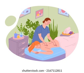 Cartoon Color Character Relaxed Woman Getting Back Massage Treatment or Beauty Therapy Concept Flat Design Style. Vector illustration