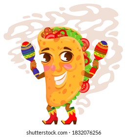 Cartoon Color Character Tacos Traditional Mexican Food Concept Flat Design Style. Vector illustration of Taco Mascot