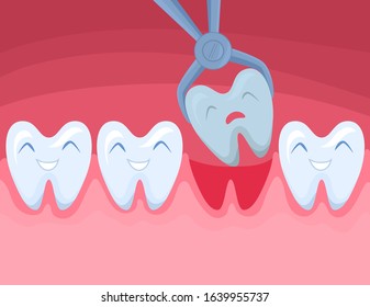 Cartoon Color Character Tooth is Removed Dental Hygiene, Care and Treatment Concept Flat Design Style. Vector illustration