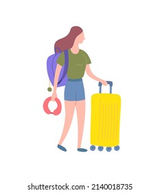 Cartoon Color Character Tourist with Luggage Travel Concept Flat Design Style. Vector illustration of Girl with Backpack or Bag