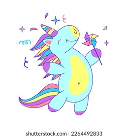 Cartoon Color Character Unicorn with Rotate Windmill Toy Concept Flat Design Style. Vector illustration of Mascot Mythology Horse