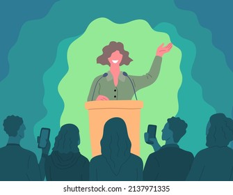 Cartoon Color Character Woman Confident Speaker Conference Concept Flat Design Style. Vector illustration of Professional Businesswoman and Podium