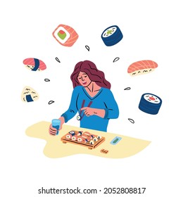 Cartoon Color Character Woman Eating Sushi Japanese Traditional Food Concept Flat Design Style. Vector illustration of Girl Eat Roll
