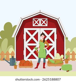 Cartoon Color Character Woman Farming in Rural Farm Scene Concept Flat Design Style . Vector illustration of Agricultural Worker