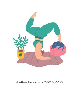 Cartoon Color Character Woman Home Yoga Position Wellness Concept Flat Design Style. Vector illustration of Practice