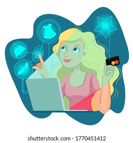 Cartoon Color Character Woman Shopping Online Concept Flat Design Style Include of Dress and Bag. Vector illustration