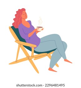 Cartoon Color Character Woman sitting on Chair and Drinking Coffee Comfort and Relax Concept Flat Design Style. Vector illustration