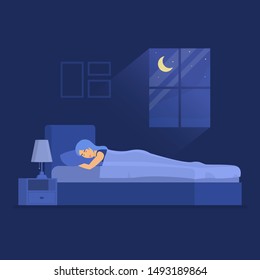 Cartoon Color Character Woman Sleeping In Bedroom Resting Or Relaxation Concept Flat Design. Vector Illustration Of Bedtime