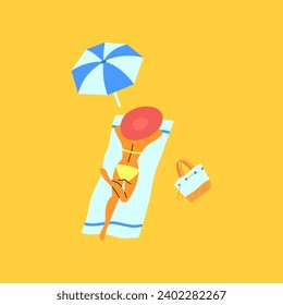 Cartoon Color Character Woman Sunbathing Concept Flat Design Style. Vector illustration of Tanned Girl Lying on Beach Under an Umbrella