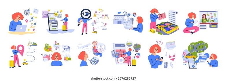 Cartoon Color Character Woman Tourist Planning Trip Concept Flat Design Style. Vector illustration of Booking Hotel and Preparing Travel Visa