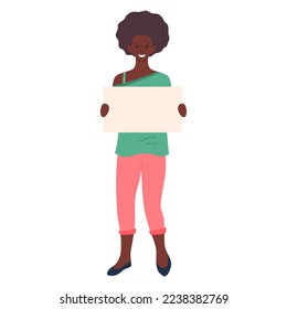 Cartoon Color Character Young Woman Holding Empty Banner or Placard for Message Flat Design Style. Vector illustration of African-American Girl