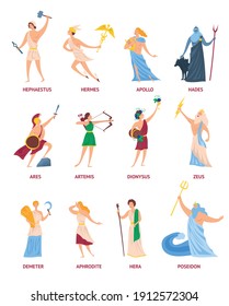 Cartoon Color Characters Ancient Greek Gods Set Mythology Concept Flat Design Style Include of Zeus and Aphrodite. Vector illustration