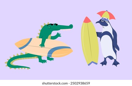 Cartoon Color Characters Animal Crocodile and Penguin Surfers Set Summer Vacation Activity Surfboarding Concept Flat Design Style. Vector illustration