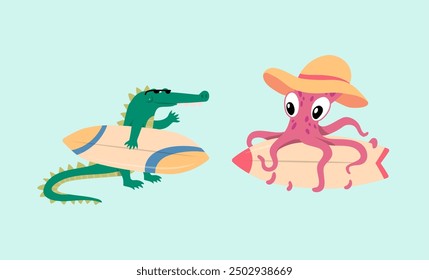 Cartoon Color Characters Animal Crocodile and Octopus Surfers Set Summer Vacation Activity Surfboarding Concept Flat Design Style. Vector illustration