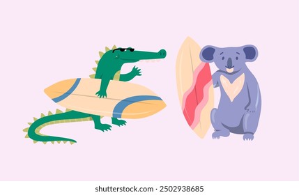 Cartoon Color Characters Animal Crocodile and Koala Surfers Set Summer Vacation Activity Surfboarding Concept Flat Design Style. Vector illustration