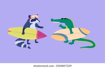 Cartoon Color Characters Animal Crocodile and Raccoon Surfers Set Summer Vacation Activity Surfboarding Concept Flat Design Style. Vector illustration