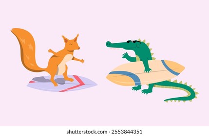 Cartoon Color Characters Animal Crocodile and Squirrel Surfers Set Summer Vacation Activity Surfboarding Concept Flat Design Style. Vector illustration