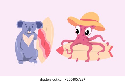 Cartoon Color Characters Animal Koala and Octopus Surfers Set Summer Vacation Activity Surfboarding Concept Flat Design Style. Vector illustration