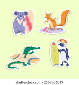 Cartoon Color Characters Animal Koala, Squirrel, Crocodile and Penguin Surfers Stickers Set Activity Surfboarding Concept Flat Design Style. Vector illustration