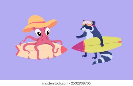 Cartoon Color Characters Animal Octopus and Raccoon Surfers Set Summer Vacation Activity Surfboarding Concept Flat Design Style. Vector illustration