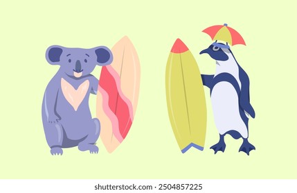 Personajes de color de dibujos animados Animal Penguin y Koala Surfers Set Summer Vacation Activity Surfboarding Concept Flat Design Style. Ilustración vectorial