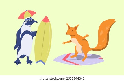 Cartoon Color Characters Animal Penguin and Squirrel Surfers Set Summer Vacation Activity Surfboarding Concept Flat Design Style. Vector illustration