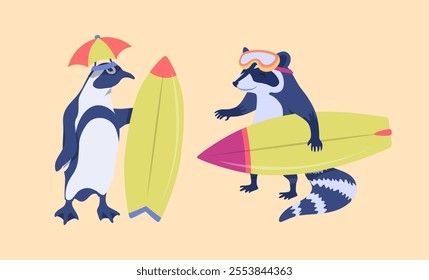 Cartoon Color Characters Animal Penguin and Raccoon Surfers Set Summer Vacation Activity Surfboarding Concept Flat Design Style. Vector illustration