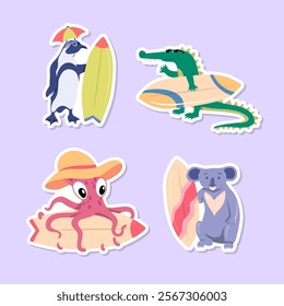 Cartoon Color Characters Animal Penguin, Crocodile, Octopus and Koala Surfers Stickers Set Summer Surfboarding Concept Flat Design Style. Vector illustration