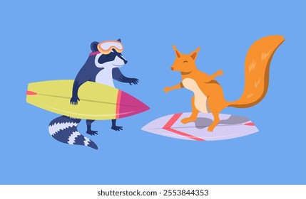 Cartoon Color Characters Animal Raccoon and Squirrel Surfers Set Summer Vacation Activity Surfboarding Concept Flat Design Style. Vector illustration