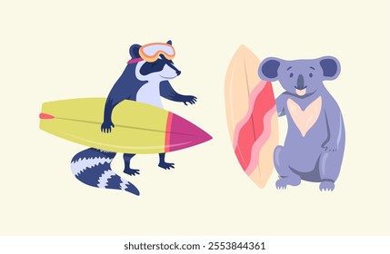 Cartoon Color Characters Animal Raccoon and Koala Surfers Set Summer Vacation Activity Surfboarding Concept Flat Design Style. Vector illustration