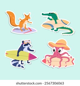 Cartoon Color Characters Animal Raccoon, Crocodile, Octopus and Squirrel Surfers Stickers Set Surfboarding Concept Flat Design Style. Vector illustration