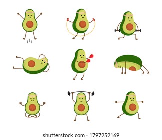 Cartoon Color Characters Avocado Sport Set Fitness Gym Concept Flat Design Style. Vector illustration of Icons