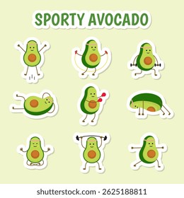Caracteres de cor Cartoon Avocado Sport Adesivos Definir Fitness Gym Conceito Estilo de Design Plano. Ilustração vetorial do adesivo