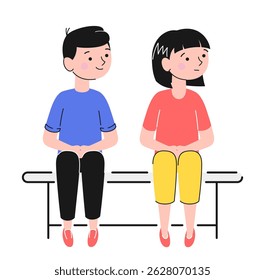 Cartoon Color Characters Boy and Girl Waiting Concept Flat Design Style and Line Elements. Vector illustration