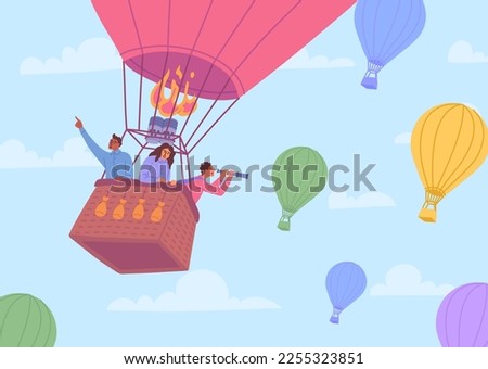 Cartoon Color Characters Business Persons in Hot Air Balloon Idea Search Concept Flat Design Style. Vector illustration