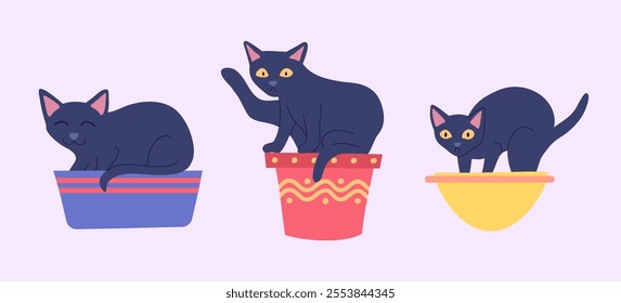 Cartoon Color Characters Cats in Pot Plant Flowers Set. Vector illustration