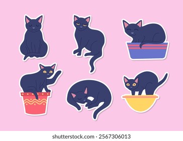 Cartoon Color Characters Cats in Pot Plant Flowers Stickers Set Domestic Cat in Different Poses Concept Flat Design Style. Vector illustration