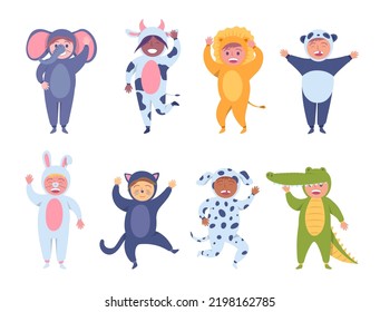 Cartoon Color Characters Children Animal Costume Set Kid Party Or Carnival Concept Flat Design Style. Vector Illustration Of Rabbit Panda And Lion Costumes