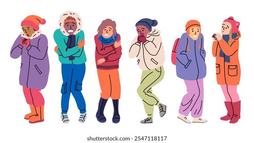 Personagens de cor dos desenhos animados Crianças tremorem no frio frio inverno estação tempo conceito definir estilo de design plano. Ilustração vetorial