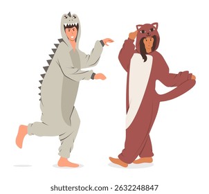 Cartoon Color Characters Couple in Pajamas Dinosaur and Cat Concept Flat Design Style. Vector illustration