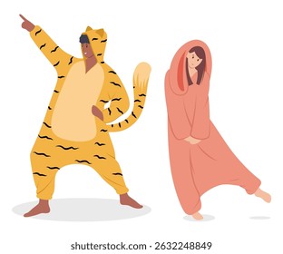 Cartoon Color Characters Couple in Pajamas Tiger and Rabbit Concept Flat Design Style. Vector illustration