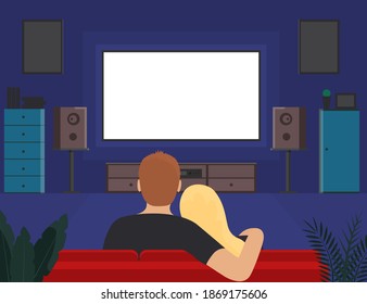 Cartoon Color Characters Couple of Young People Together Watching TV Concept Flat Design Style. Vector illustration