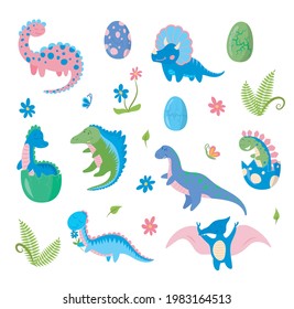 Cartoon Color Characters Cute Baby Dinosaurs Prehistoric Animals Kid Set Flat Design Style. Vector illustration of Dinosaur or Dino