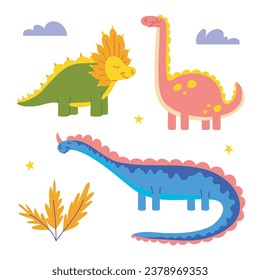 Cartoon Color Characters Cute Dinosaurus Icons Set Flat Design Style Jurassic Animal. Vector illustration of Brontosaurus and Triceratops Dino Mascot Icon