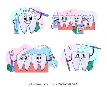 Cartoon Color Characters Cute Molars Mascot and Dental Care Concept Flat Design Style with Elements Thin Line. Vector illustration