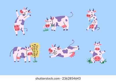 Cartoon Color Characters Different Cute Cows Set Concept Flat Design Style. Vector illustration of Funny Cow with Glass of Milk