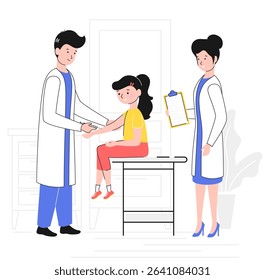 Cartoon Color Characters Doctors and Girl Vaccination Concept Flat Design Style and Line Elements. Vector illustration of Doctor makes a Vaccine