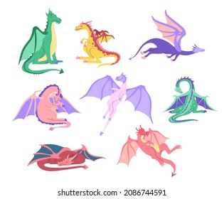 Cartoon Color Characters Dragon Icon Set Mythology Monster Flat Design Style. Vector illustration of Fairytale Animal Mascot